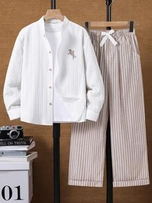 SHEIN 兒童青少年男孩學院風刺繡Logo立領長袖襯衫/長褲套裝 - 白色 - 查看 5