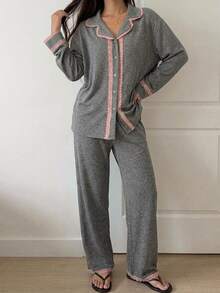 DAZY 2pcs Lace Patchwork Cardigan Long Sleeve Straight Leg Long Pajama Pants Women's Sleepwear Set - Grey - View 7