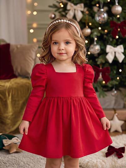 SHEIN Vestido de Navidad ajustado de color rojo con mangas de obispo de punto para niña,apto para Navidad y uso diario