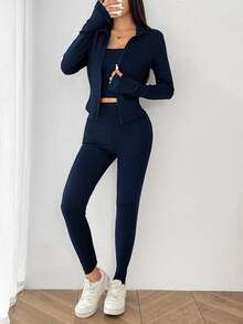SHEIN EZwear 休閒極簡純色海軍藍針織女款運動套裝，適合秋冬底層穿搭、瑜伽、跑步與運動 - 藏蓝色 - 查看 8