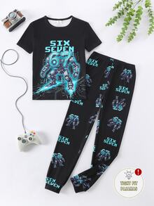 Boys Long Sleeve Long Pants Set, Slim Fit Cyber Robot Print Glow-In-The-Dark Pajamas Loungewear - Black - View 3