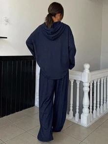 DAZY 女款純色長袖連帽衫與長褲休閒兩件套 - 藏蓝色 - 查看 2