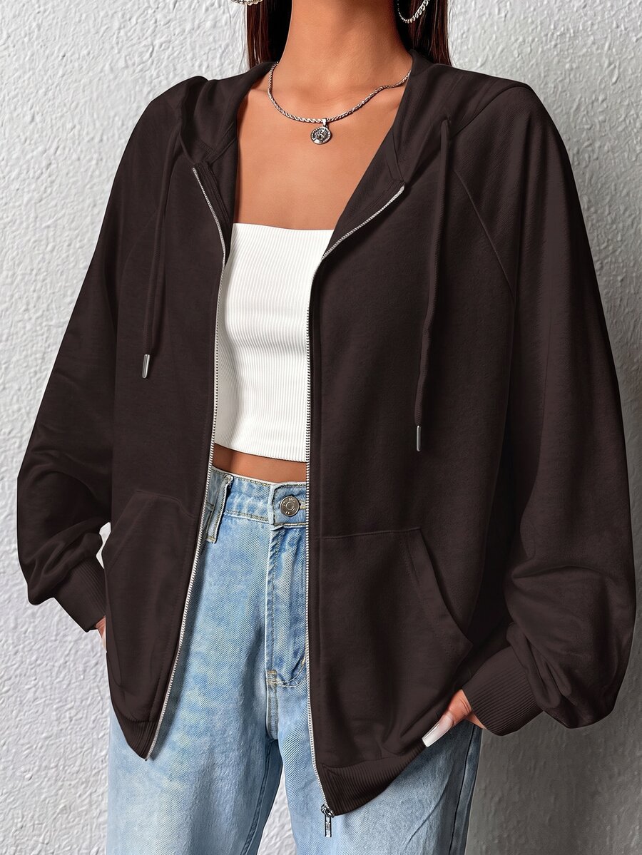 SHEIN EZwear 大尺碼女款純色休閒百搭日常穿著連帽衛衣 - 巧克力棕 - 查看 1