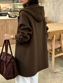 Easura Plus Size Women's Autumn/Winter Hooded Cuff Sleeve Strap Casual Daily Commute Overcoat - Coffee Brown - View 2