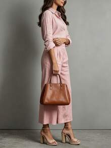 Elenzga Casual Pink Long Sleeve Button-Down Shirt And Pants 2 Pieces Set, Plus Size Women, Spring/Autumn/Winter - Pink - View 6