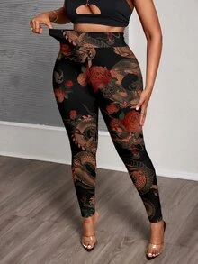 Slaydiva Plus Size Women's Floral Print Casual Daily Tight Leggings - Multicolor - View 6