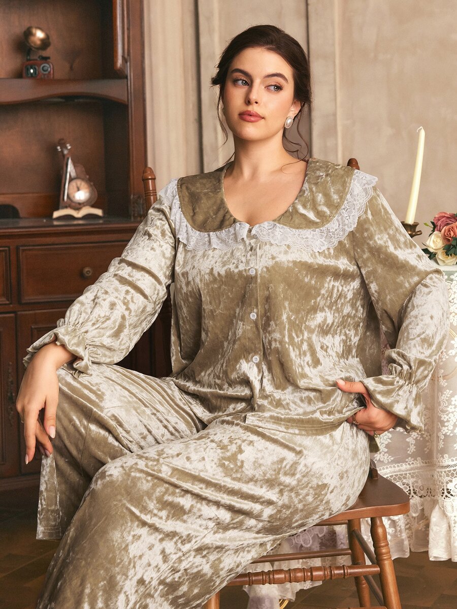 Côtesoire French Elegant Romantic Contrast Color Lace Peter Pan Collar Rhinestone Velvet Ruffle Trim Plus Size Pajama Set - Champagne - View 1