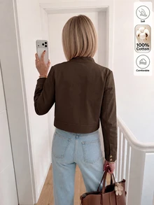 Louniche 女款秋冬休閒純色高級鬆身百搭極簡棉質舒適常規夾克，適合日常通勤與外出 - 棕色 - 查看 2