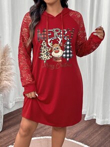 SHEIN LUNE 大尺碼女款優雅聖誕休閒連帽紅色純色蕾絲布料拼接字母印花直筒修身衛衣洋裝，對比色極簡設計，適合節日日常出遊、通勤、約會、聚會、居家穿著 - 紅色 - 查看 1