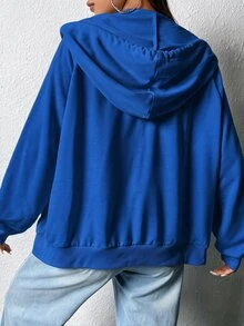 SHEIN EZwear 拉鍊式插肩袖抽繩連帽衫，秋冬長袖上衣 - 寶藍色 - 查看 2