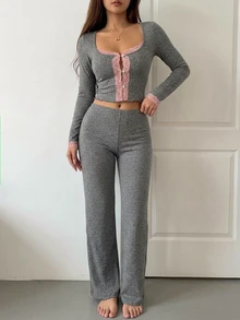 DAZY 2pcs Lace Patchwork Slim Fit Long Sleeve Cardigan Top & Pants Women's Pajama Set - Grey - View 3