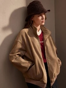 Nima Coro Women's Solid Color Drop Shoulder Long Sleeve Zipper Front Casual Jacket - Khaki - View 3