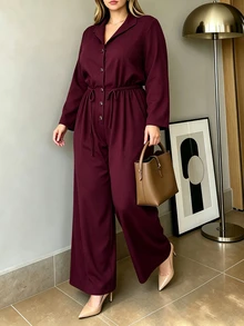 Elenzga Plus Size Chic Commuter Jumpsuit, Lapel Collar Button Down Drawstring Waist Loose Wide Leg Jumpsuit - Burgundy - View 3