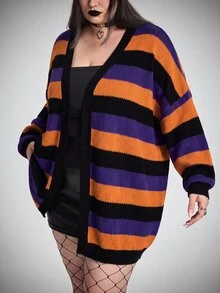 SHEIN CURVE+ 大尺碼哥德龐克風萬聖節多色條紋羊毛針織開襟衫，女款秋冬針織衫 - 彩色 - 查看 7