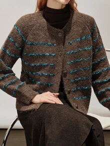 Aveloria Modichic Maillard Brown & Blue Contrast Striped Crew Neck Patterned Metal Button Slouchy Loose Fit Button-Up Sweater - Multicolor - View 7