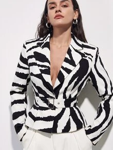 Aveloria Modichic Áo blazer nữ vai rộng họa tiết vằn ngựa vằn, eo chiết, kèm thắt lưng tháo rời, phong cách tối giản hiện đại đô thị - Đen và trắng - Xem 1