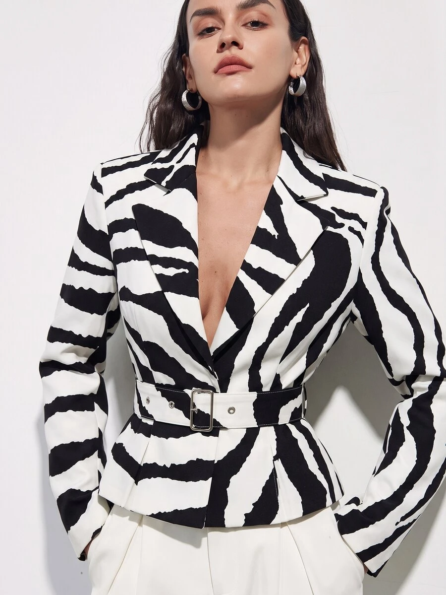 Aveloria Modichic Áo blazer nữ vai rộng họa tiết vằn ngựa vằn, eo chiết, kèm thắt lưng tháo rời, phong cách tối giản hiện đại đô thị - Đen và trắng - Xem 1