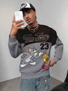 TOM & JERRY X SHEIN Men's Letter Cartoon Print Crew Neck Long Sleeve Casual Sweatshirt - White - View 4