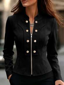 Elafinee Women's Long Sleeve Zipper Front Waist-Cinching Jacket With Metal Button Decoration - Black - View 5