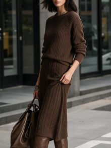 Louniche Vintage Commuter Style Cable Knit 2 Pieces Set, Autumn/Winter Gentle Intellectual Style Round Neck Raglan Sleeve Top + High Waist Diamond Pattern Slit Long Skirt Set, Versatile Commuter & Date Outfit For Women - Chocolate Brown - View 3