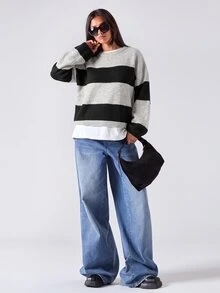 LYSMO Women's Round Neck Drop Shoulder Long Sleeve Casual Loose Striped Sweater - Multicolor - View 3