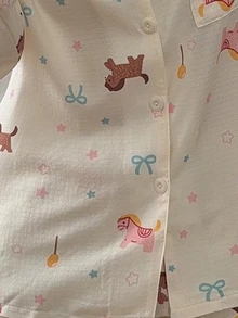 Napfluff Women's Bubble Crinkle Cartoon Pony Print Pajama Set, Spring/Autumn, Lapel Cardigan, Long Sleeve, Long Pants, Loose Fit, Cute Homewear, 2 Pieces Set - Beige - View 7