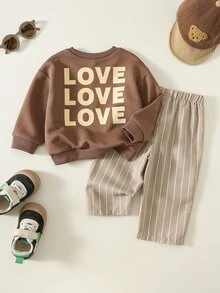 SHEIN 2件組男嬰秋冬休閒背後字母衛衣與條紋長褲嬰兒套裝 - 彩色 - 查看 1
