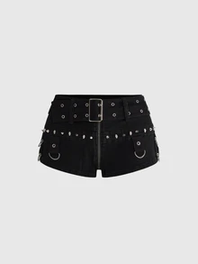 ROMWE Grunge Punk Music Festival Punk Metal Skull Rivet Ultra Low Waist High Stretch Skinny Plus Size Denim Shorts - Black - View 1