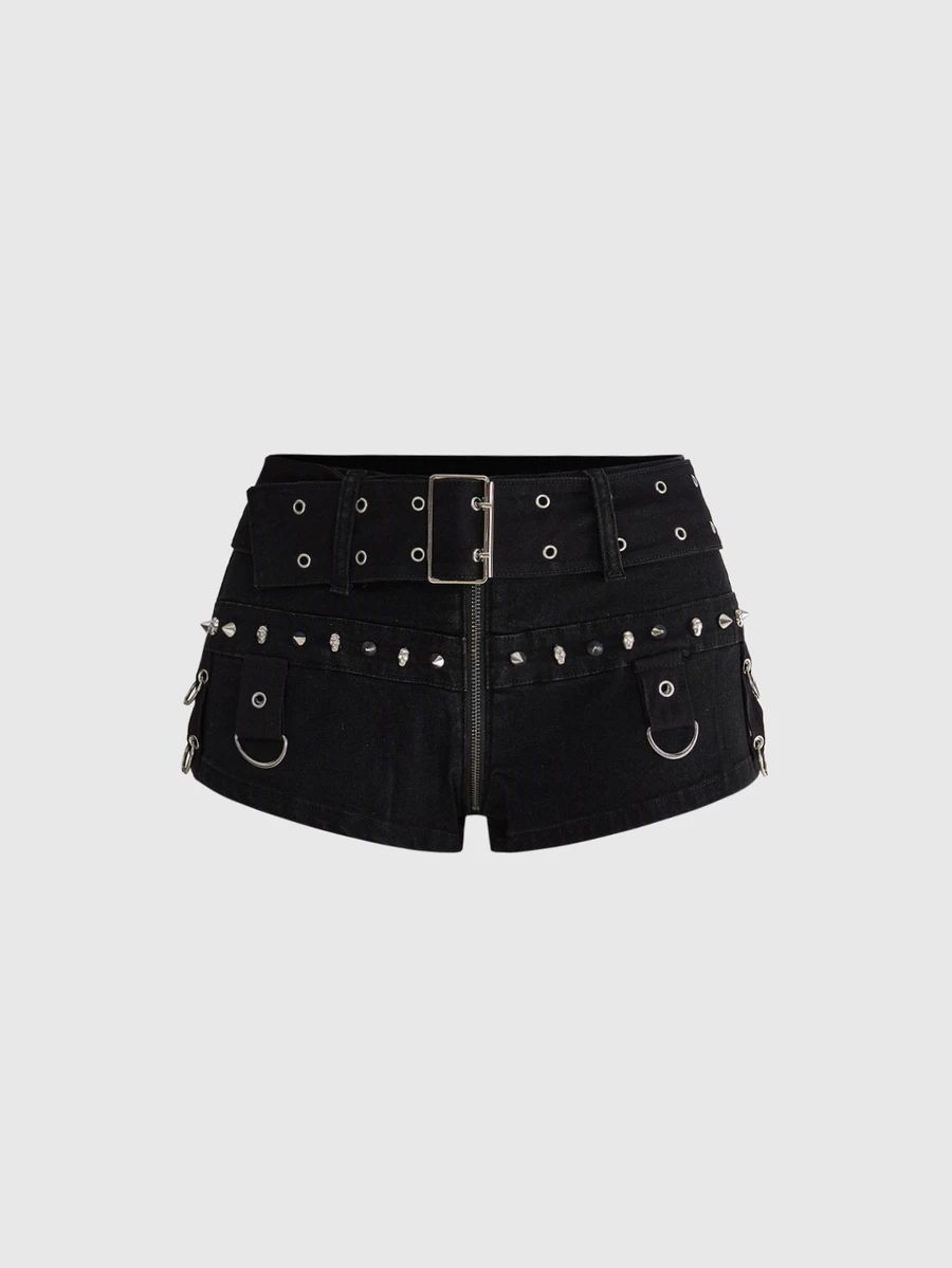 ROMWE Grunge Punk Music Festival Punk Metal Skull Rivet Ultra Low Waist High Stretch Skinny Plus Size Denim Shorts - Black - View 1