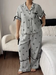 Napfluff CURVE Napfluff CURVE Grey Striped Bow Print Contrast Color Bow Decor Plus Size Women's Open Front Lapel Short Sleeve Long Pants Casual Pajama Set - Black and White - View 6