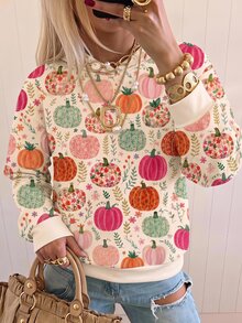 SHEIN EZwear 女款萬聖節南瓜圖案長袖圓領套頭運動衫，秋冬日用休閒可愛米色 - 彩色 - 查看 6