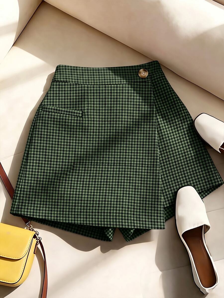 SHEIN Franclia 女款格紋休閒百搭日常裙褲 - 墨綠色 - 查看 1