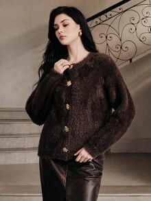 Anewsta Women's Brown Plush Comfortable Knit Cardigan Sweater For Autumn - Burgundy - View 4