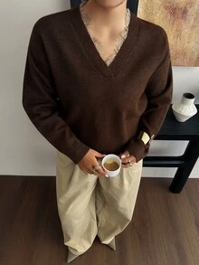 Dazy Plus V-Neck Contrast Lace Design Loose Fit Brown Vintage Sweater, New Autumn/Winter - Brown - View 3
