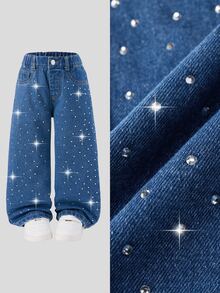 SHEIN Elladie kids 少女閃亮水鑽寬腿牛仔褲 秋季度假戶外派對牛仔褲 - 中等水洗藍 - 查看 3