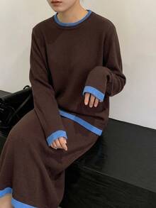 Livesso Women's Contrast Color Long Sleeve Sweater And Long Skirt 2 Pieces Set - Coffee Brown - View 4