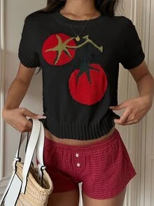 Sunnyshic 女款春夏休閒青年番茄圖案提花鏤空針織上衣 - 黑色 - 查看 7