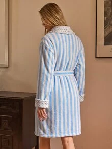 Aralina Women's Sleepwear Fall Winter Reversible Cute Soft Brushed Textured Stripe Fabric With Contrast Polk - Blue and White - View 2