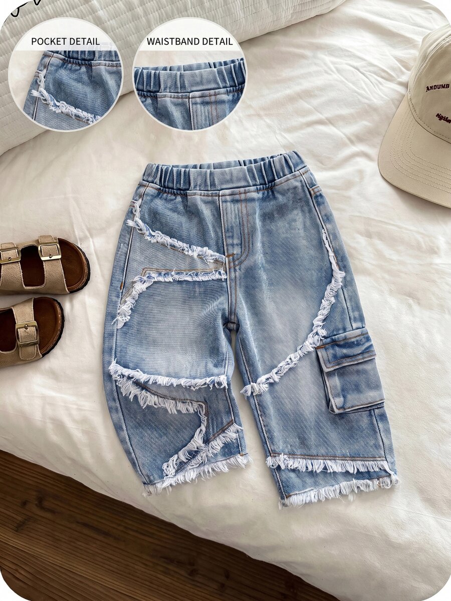SHEIN Baby Boy Fashion Cute Casual Rip-Stitched Design Star-Shaped Blue Loose And Comfortable Jeans - Blue - View 1
