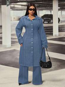 Slaydiva Plus Size Women Non-Stretch Denim Long Jacket With Hollow Back Design, Cowboy Outfits For Women - Medium Wash - View 5