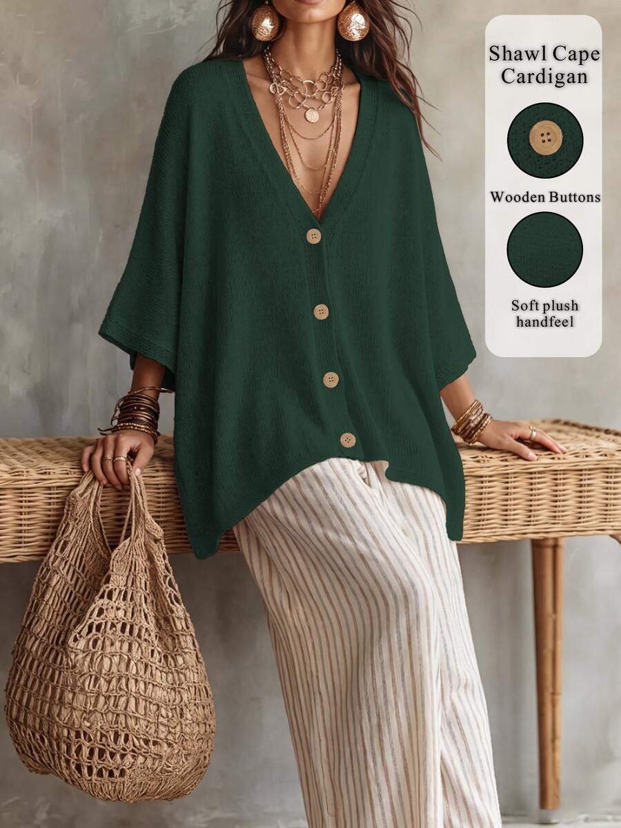 Linhara CURVE Plus Size Women Solid Color Knit Shawl Cardigan V-Neck Metal Button Suitable For Daily Casual Office Vacation Plus Size Women Cardigan - Green - View 1