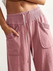 Bohemela Plus Size Women's Solid Color Drawstring Waist Casual Daily Wear Long Pants - Pink - View 4