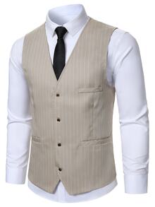 Manfinity Mode Men's Fashion Striped Suit Set With Vest And Pants - Khaki - View 5