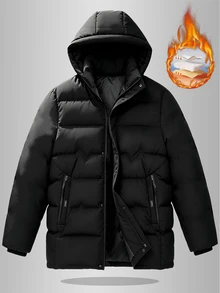 Manfinity Homme Men's Button & Zipper Pocket Long Sleeve Hooded Padded Coat, Halloween Gift - Black - View 2