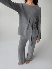 Livesso Women's Solid Color Long Sleeve Top And Pants Casual Daily Loungewear Set - Grey - View 10