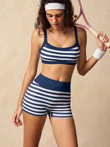 VARSIVA Women's Striped Bra And Shorts Sports Set - Navy Blue - View 7