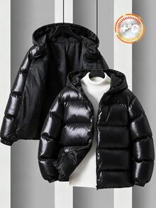 SHEIN 青少年男孩休閒舒適百搭厚款連帽外套，適合冬季穿著 - 黑色 - 查看 6