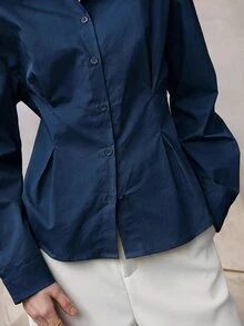 Zovinel 女款素色長袖單排扣休閒通勤襯衫 - 藏蓝色 - 查看 8