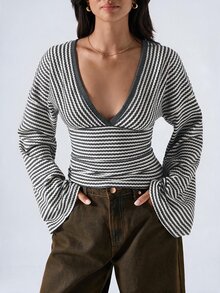 LYSMO 大尺碼女款 V 領條紋休閒日常穿著 T 恤 - 灰色 - 查看 3