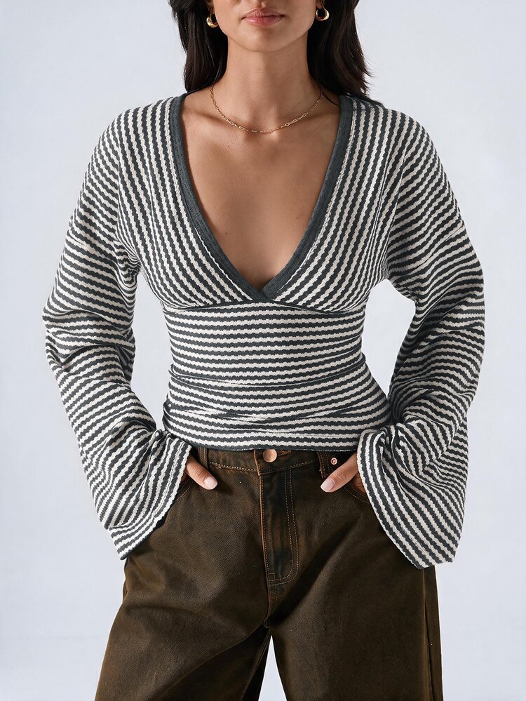 LYSMO Plus Size Women's V-Neck Striped Casual Daily Wear T-Shirt - Grey - View 3
